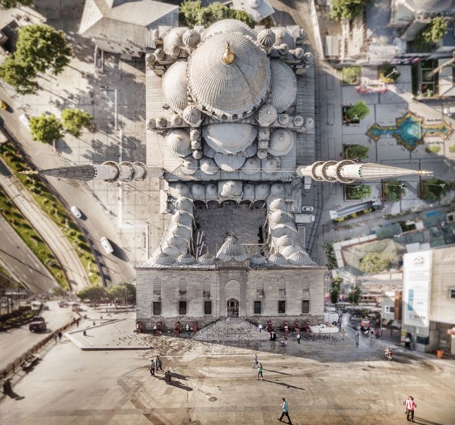 The Turkish artist used a drone to take photos of the city, then morphed them into a mind-bending collage using Photoshop. 