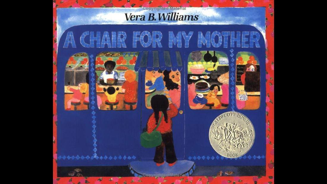 In "A Chair for My Mother" by Vera B. Williams. A child, her waitress mother and her grandmother save dimes to buy a comfortable armchair after losing their furniture in a fire.