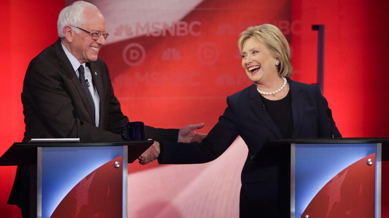 Democratic presidential candidate, Sen. Bernie Sanders, I-Vt, and Democratic presidential candidate, Hillary Clinton shake hands during a Democratic presidential primary debate hosted by MSNBC at the University of New Hampshire Thursday, Feb. 4, 2016, in Durham, N.H. (AP Photo/David Goldman)