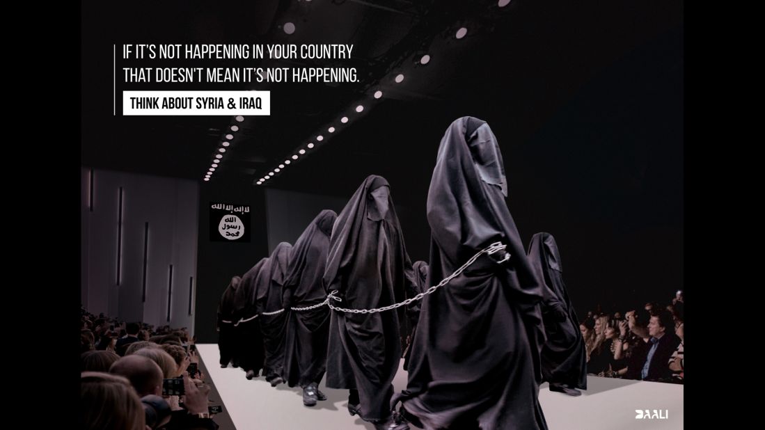 An anonymous anti-war artist whose Facebook handle is DAALI has a series of works captioned, "If it's not happening in your country that doesn't mean it's not happening." Many of them reference scenes of oppression in from Syria transferred to a Western event or location. In this case, women wearing niqabs and gloves -- clothing forced onto them in ISIS-controlled areas -- march on a fashion runway. An ISIS flag hangs in the back. Since the emergence of the Islamic State in Iraq and Syria, reports of rape, slavery and extreme oppression have filtered out of the group's tightly controlled territory. ISIS also claims more than 100 female foreign recruits, the majority of them from Europe.