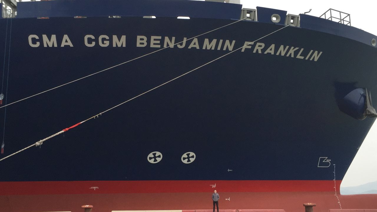 Where's Matt? Rivers stands beside the Benjamin Franklin mega-ship.
