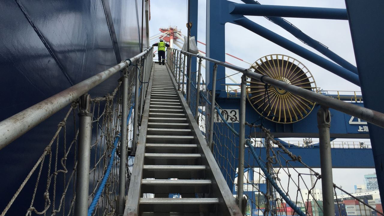 The gangway on this 60 meter tall ship is not for the faint-hearted.