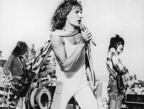 <strong>Rod Stewart</strong> began his career as a rocker with The Faces, seen here at a 1973 concert in Los Angeles. By the mid-'70s he he had remade himself as a raspy crooner of love songs, including "Tonight's the Night," "The First Cut is the Deepest" and "You're In My Heart."