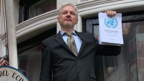 Julian Assange in February touts a U.N. panel ruling from a balcony at Ecuador's Embassy in London.