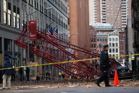 A construction crane lies on a street in Lower Manhattan in New York City on Friday, February 5.