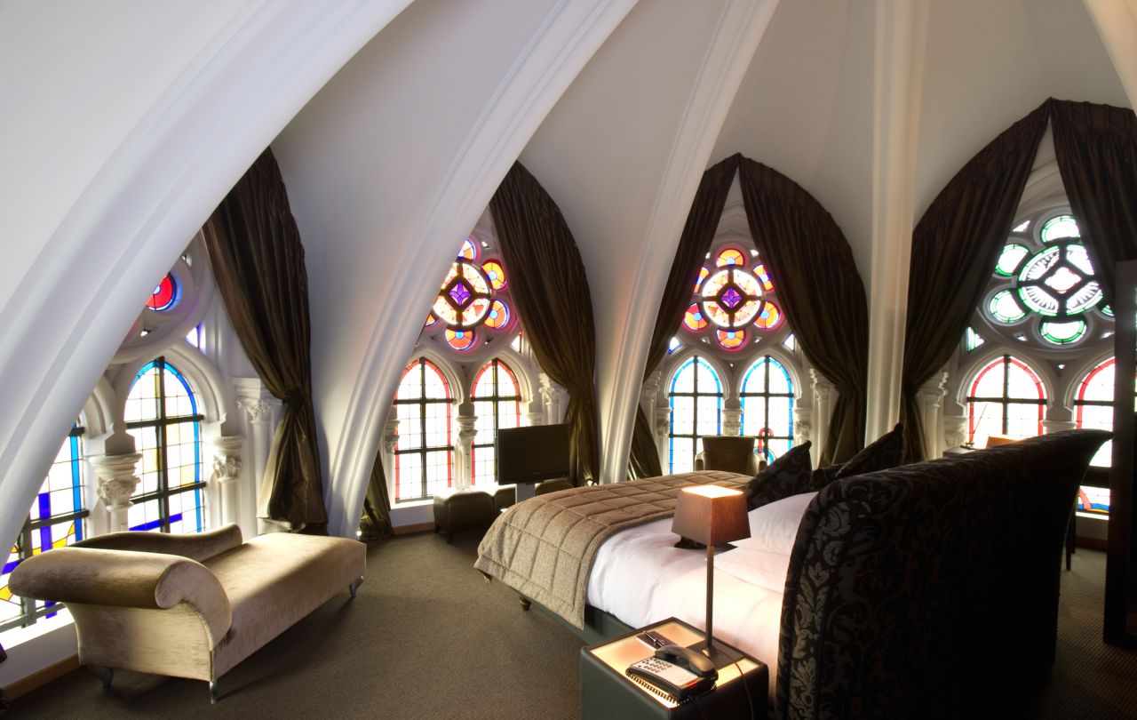The best of the hotel's 79 rooms is located "on the way to heaven," just above the church alter, where guests can wake up to the morning sun encased in stained-glass windows.