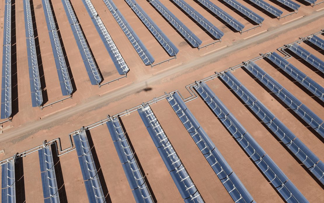 An aerial view of the solar mirrors at the Noor 1 concentrated solar power plant 