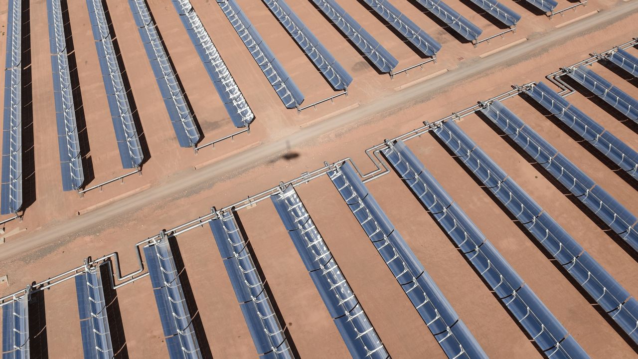 An aerial view of the solar mirrors at the Noor 1 concentrated solar power plant 