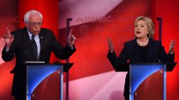 US Democratic presidential candidates Hillary Clinton (R) and Bernie Sanders participate in the MSNBC Democratic Candidates Debate at the University of New Hampshire in Durham on February 4, 2016. 
Clinton and Sanders face off on February 4, in the first debate since their bruising Iowa clash that the former secretary of state won by a hair, as they gear for a battle royale in New Hampshire. / AFP / Jewel Samad        (Photo credit should read JEWEL SAMAD/AFP/Getty Images)