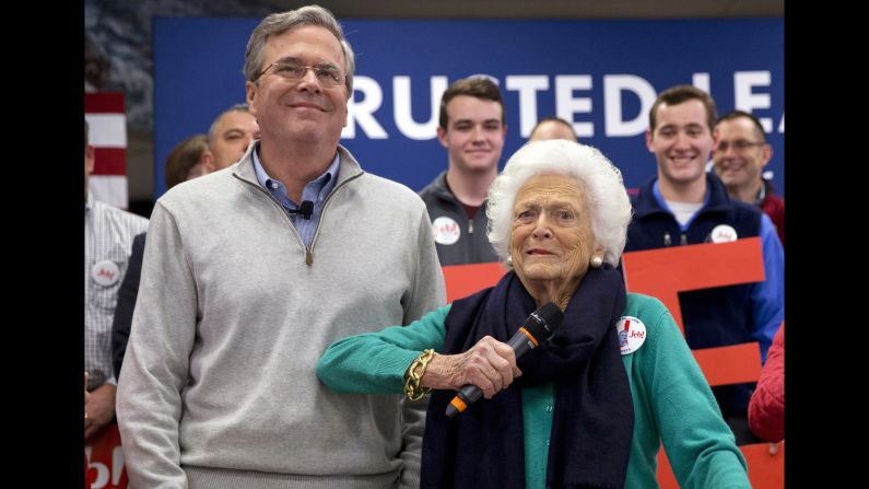 Barbara Bush jokes with her son, Republican presidential candidate Jeb Bush, while <a href="http://www.cnn.com/2016/02/04/politics/barbara-bush-jeb-2016-election/" target="_blank">introducing him</a> at a town hall meeting at West Running Brook Middle School in Derry, New Hampshire, on Thursday, February 4. 