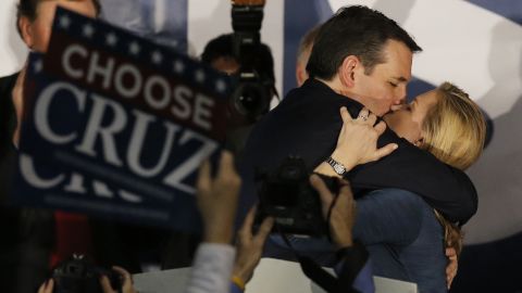 Republican presidential candidate Ted Cruz kisses his wife Heidi at a rally in Des Moines after <a href="http://www.cnn.com/2016/02/01/politics/iowa-caucuses-2016-highlights/index.html" target="_blank">winning the Iowa caucuses</a> on Monday, February 1. 