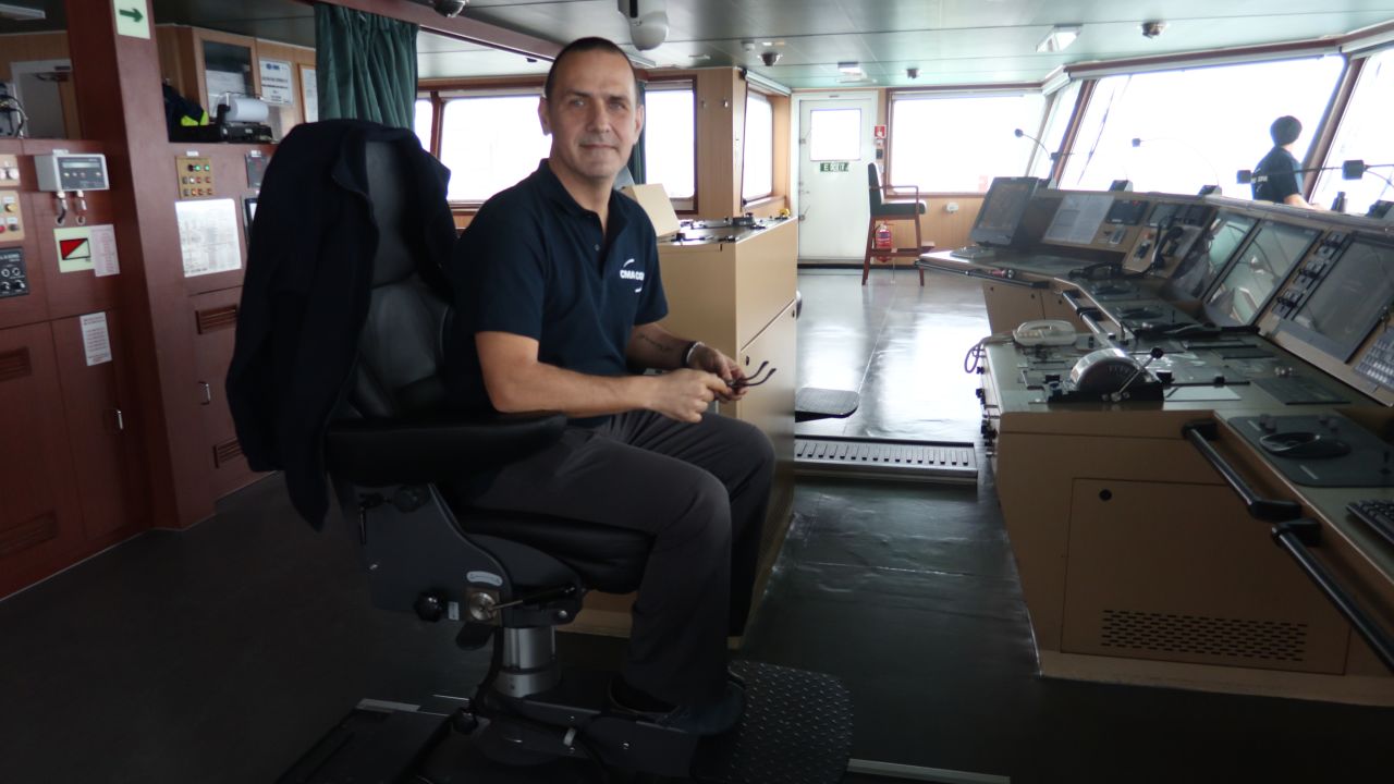 The captain, Velibor Krpan, controls the ship from the expansive bridge. 