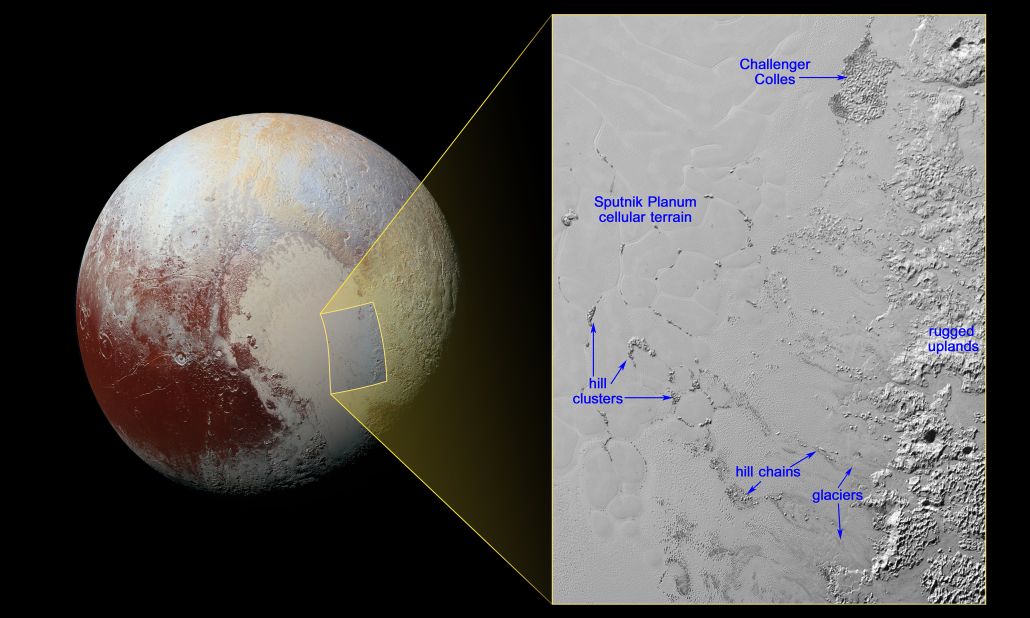 NASA released a photo on February 4, 2015, of what it suspects is an image of floating hills on Pluto's surface. The hills are made of water ice and are suspended above a sea of nitrogen.