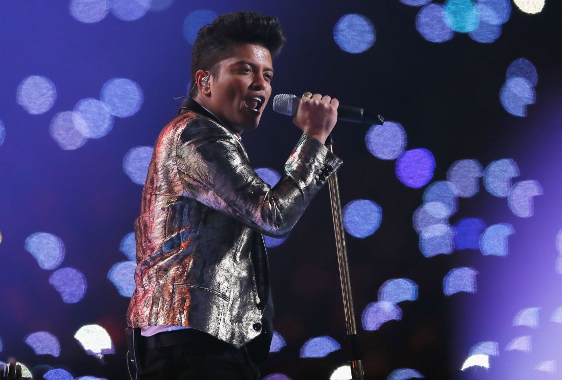 Bruno Mars performs during the Super Bowl XLVIII halftime show on February 2, 2014 in East Rutherford, New Jersey.
