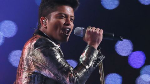 Bruno Mars performs during the Super Bowl XLVIII halftime show on February 2, 2014 in East Rutherford, New Jersey.