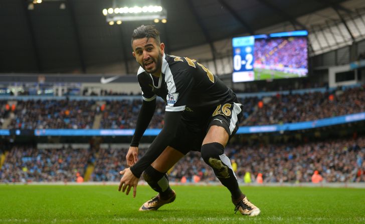 Riyad Mahrez of Leicester City celebrates scoring his team's second goal in a 3-1 drubbing of second-place Manchester City at the Etihad Stadium on Saturday. 