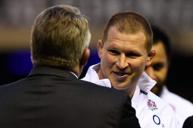 Captain Dylan Hartley is all smiles as he is greeted by Jason Leonard the President of the RFU prior to kickoff during the Six Nations match between Scotland and England. "I have no regrets, my career is my career," said the controversial England skipper. 