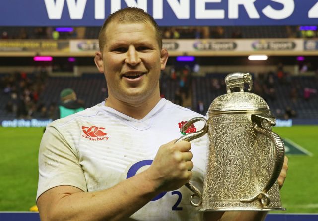 England captain Dylan Hartley poses with the Calcutta Cup following his team's victory during the Six Nations match at Murrayfield Stadium on February 6, 2016. It was England's 70th win in the annual England - Scotland match -- a tradition which began in India in 1872. 
