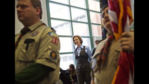 Republican presidential candidate Carly Fiorina waits to be introduced at a campaign event at Maple Avenue Elementary School on Saturday, February, 6.