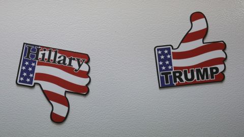 Fridge magnets are pictured in U.S. Republican presidential candidate Donald Trump's campaign headquarters in Manchester, New Hampshire, February 4. 