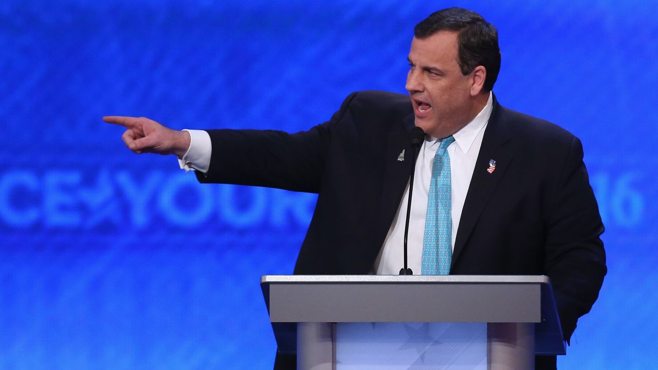 MANCHESTER, NH - FEBRUARY 06:  Republican presidential candidate New Jersey Governor Chris Christie participates in the Republican presidential debate at St. Anselm College February 6, 2016 in Manchester, New Hampshire. Sponsored by ABC News, the Independent Journal Review and Google, this is the final televised debate before voters go to the polls for the New Hampshire primary on February 9.  (Photo by Joe Raedle/Getty Images)