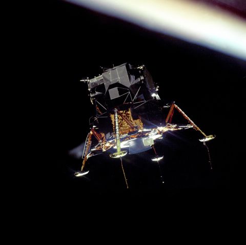 The Apollo 11 lunar module Eagle prepares to land men on the moon for the first time. During each of the six Apollo missions that landed on the moon, two astronauts walked on the lunar surface.