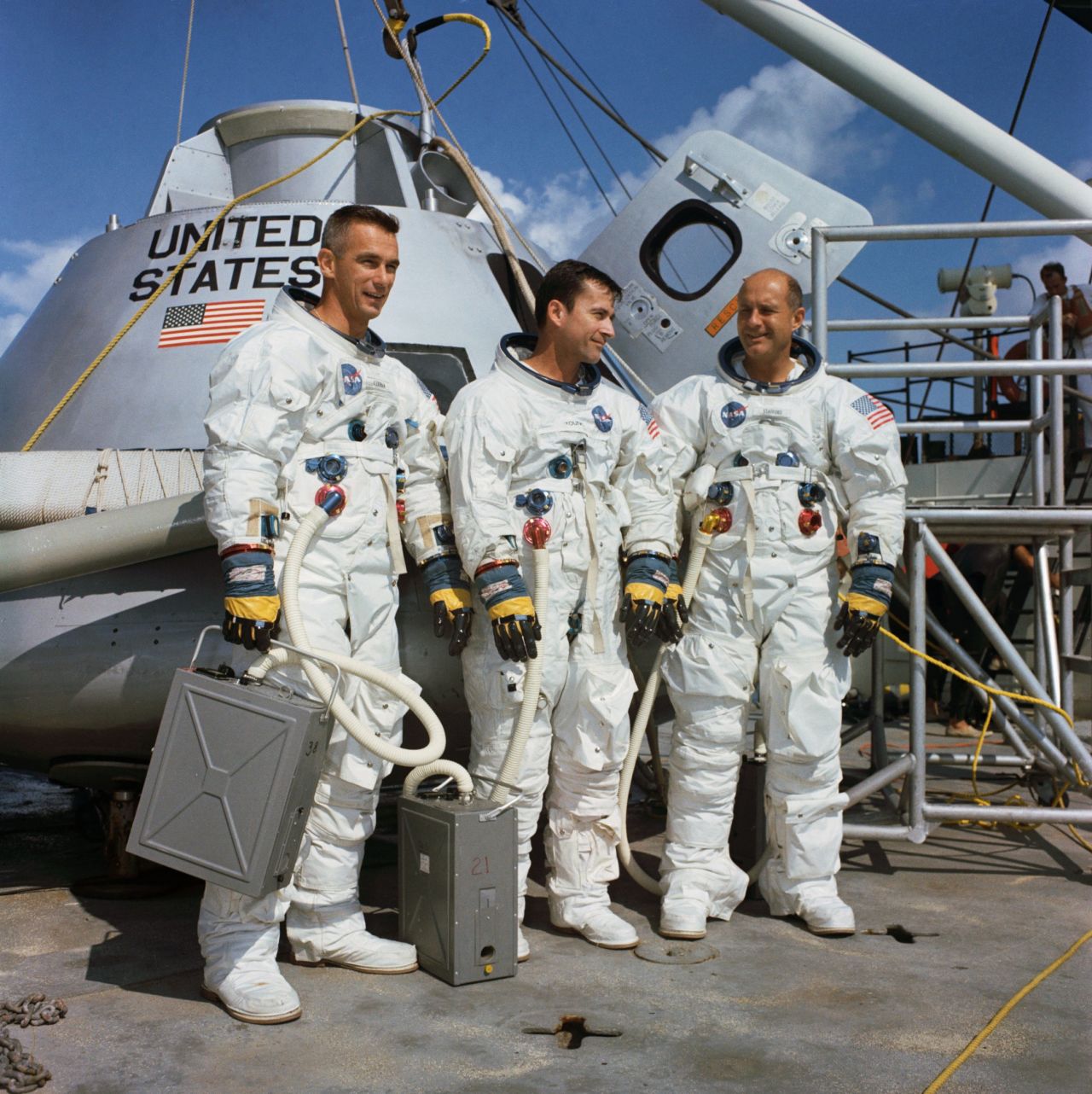 The Apollo 10 mission was just like a lunar landing mission -- but without the landing. Crew members, from left, are Gene Cernan, John Young and Thomas Stafford. They launched on May 18, 1969, made 31 orbits of the moon and splashed down in the Pacific on May 26.
