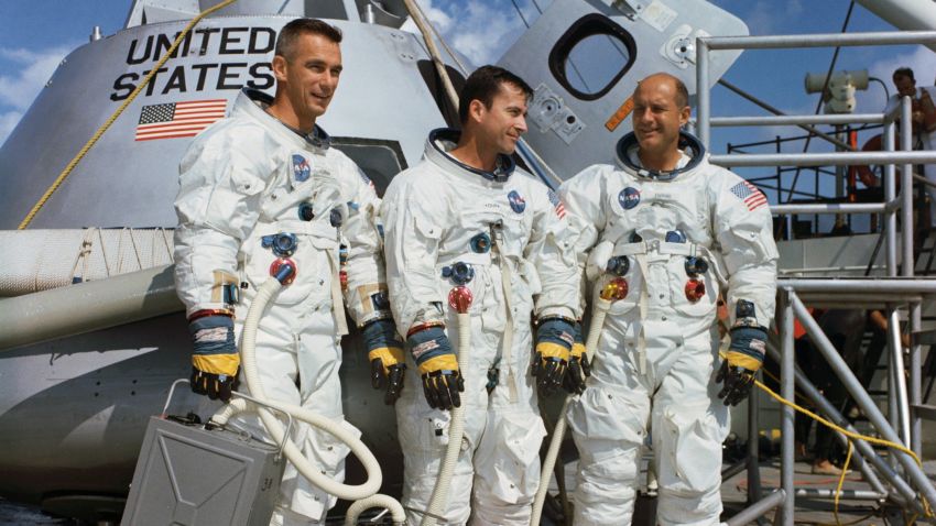 The Apollo 10 mission was just like a lunar landing missing -- without the landing. Crew members from left to right: Gene Cernan, John Young and Thomas Stafford. They launched on May 18, 1969, made 31 orbits of the moon and splashed down in the Pacific on May 26.