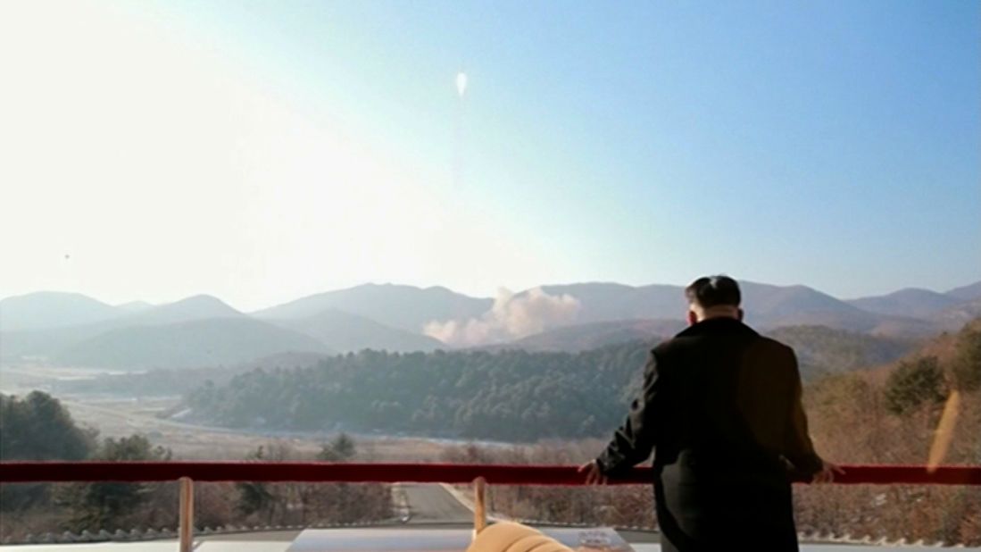 North Korean leader Kim Jong Un looked on as the rocket blasted off. 