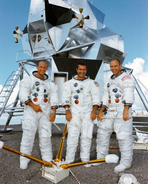 The crew of Apollo 12, from left, were Charles Conrad, Richard Gordon and Alan Bean. Conrad and Bean walked on the moon. Gordon stayed on the command module. The mission launched November 14, 1969, landed on the moon November 19 and returned to Earth on November 24.