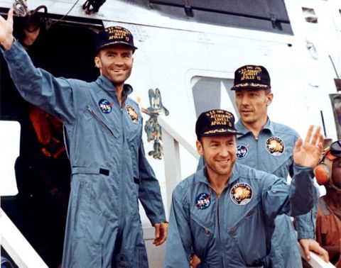 The crew members of Apollo 13 -- from left, Fred Haise, James Lovell and John Swigert -- are seen after splashdown in April 1970. Apollo 13 was scheduled to be the third lunar landing mission. The crew launched on April 11, 1970, but two days later and about 205,000 miles from Earth, the service module oxygen tank ruptured, crippling the spacecraft. "Houston, we've had a problem," Lovell said. Instead of landing, the crew did a flyby and came home, safely splashing down on April 17. Lovell's book "Lost Moon" became the basis for the motion picture "Apollo 13."