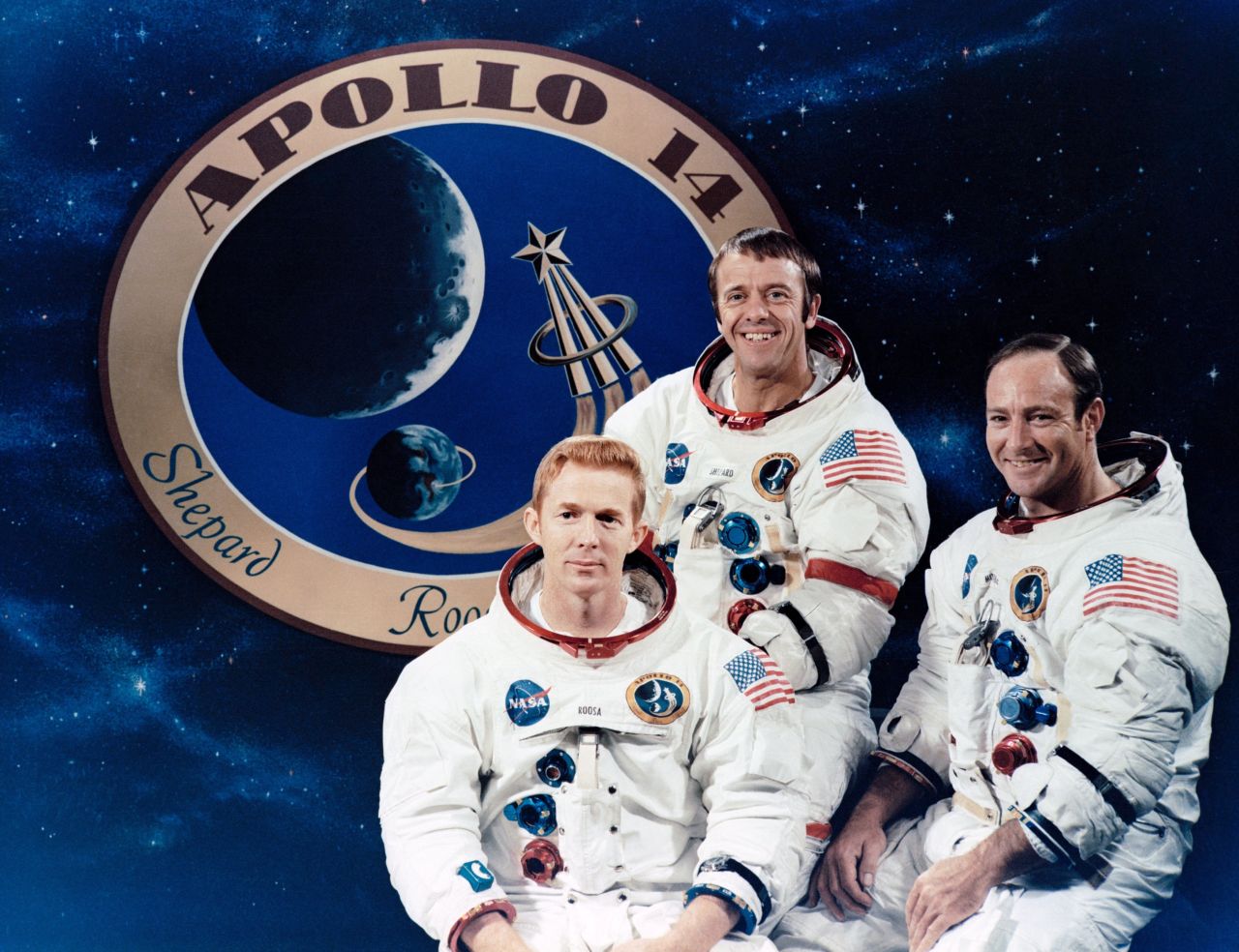 The crew of Apollo 14: from left, Stuart Roosa, Alan Shepard and Edgar Mitchell. The mission launched January 31, 1971, landed on the moon February 5 and returned to Earth on February 9. Shepard and Mitchell conducted moonwalks while Roosa orbited in the command module. 