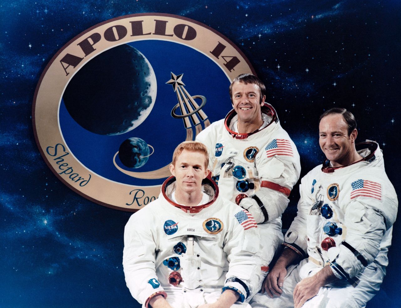 The crew of Apollo 14: from left, Stuart Roosa, Alan Shepard and Edgar Mitchell. The mission launched January 31, 1971, landed on the moon February 5 and returned to Earth on February 9. Shepard and Mitchell conducted moonwalks while Roosa orbited in the command module.