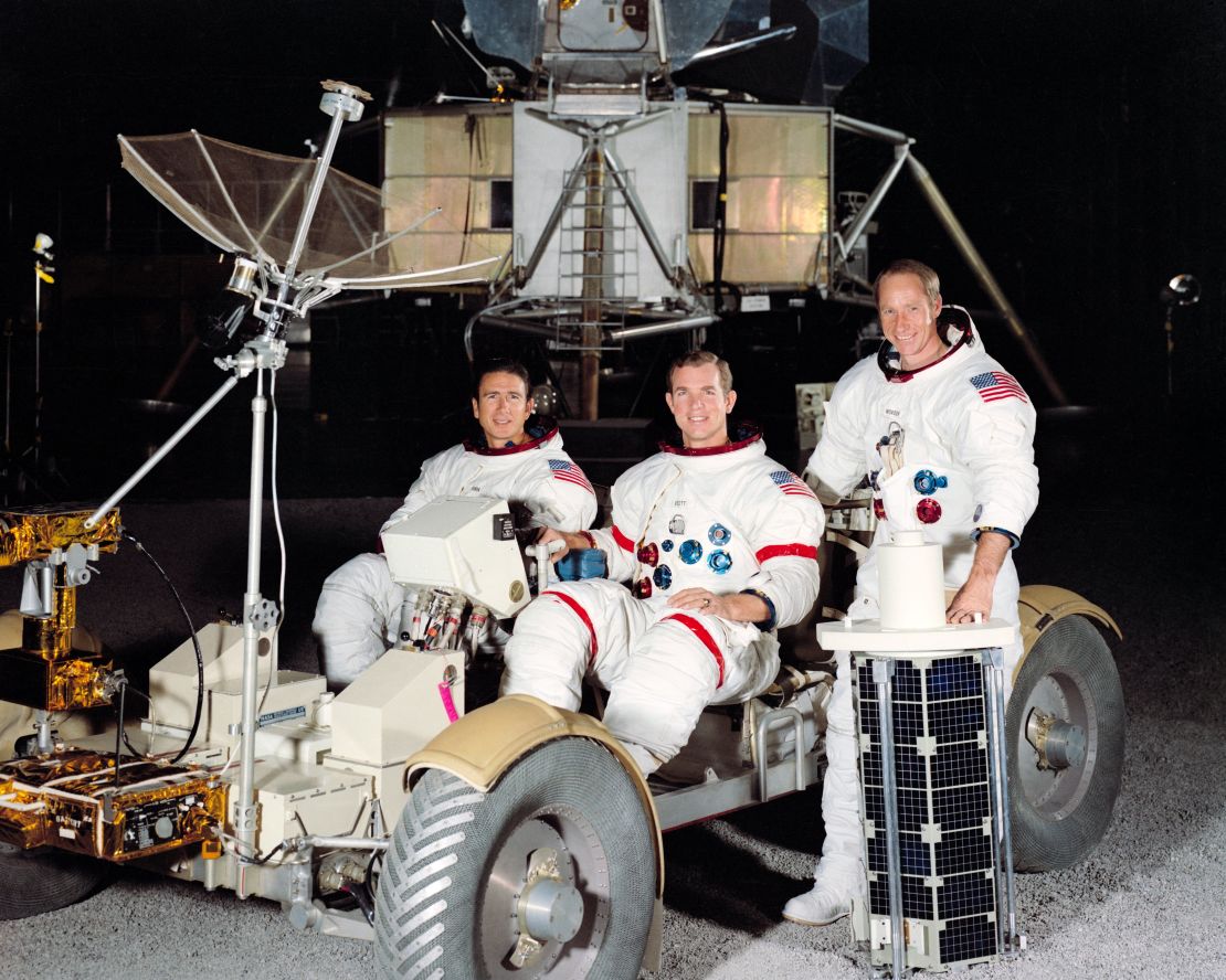 Apollo 15 was the first mission capable of a longer stay on the moon, and the crew had their own rover. From left: Jim Irwin, David Scott and Alfred Worden.