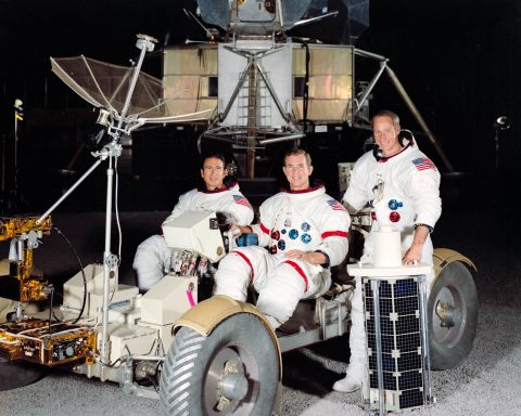 Apollo 15 was the first mission capable of a longer stay on the moon, and the crew had its own rover. From left are Jim Irwin, David Scott and Alfred Worden. Irwin and Scott walked on the moon while Worden kept watch in the command module. The mission launched July 26, 1971, landed on the moon July 30 and returned to Earth on August 7.