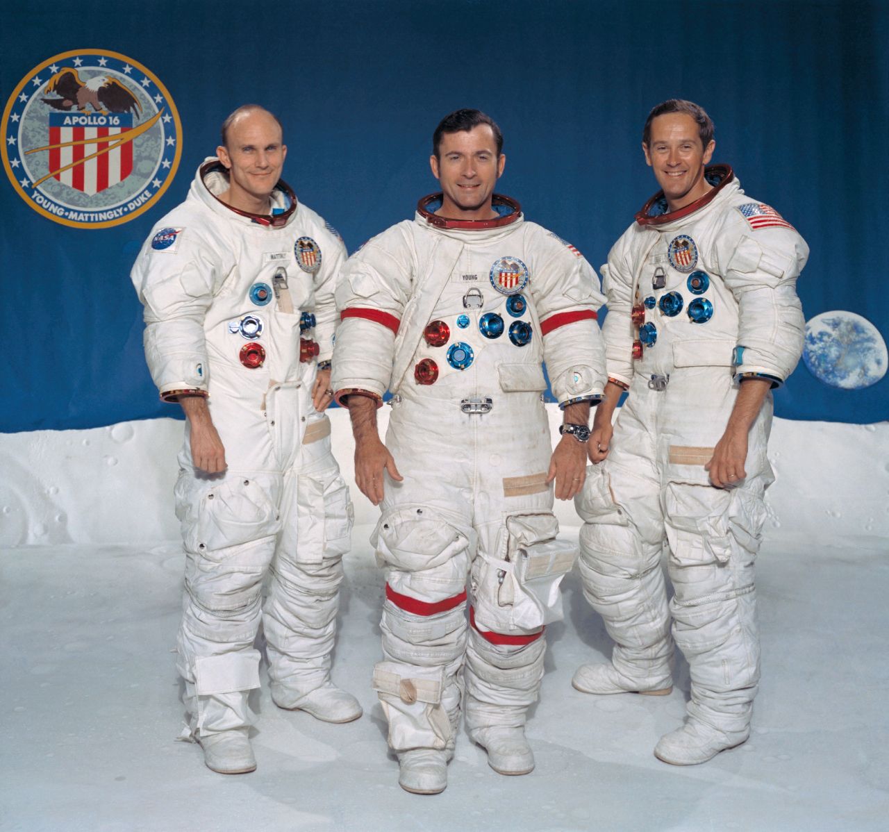 The Apollo 16 crew, from left: Thomas Mattingly, John Young and Charles Duke. Young and Duke walked on the moon while Mattingly stayed in the command module. The mission launched on April 16, 1972, landed on the moon April 20 and returned to Earth on April 27.