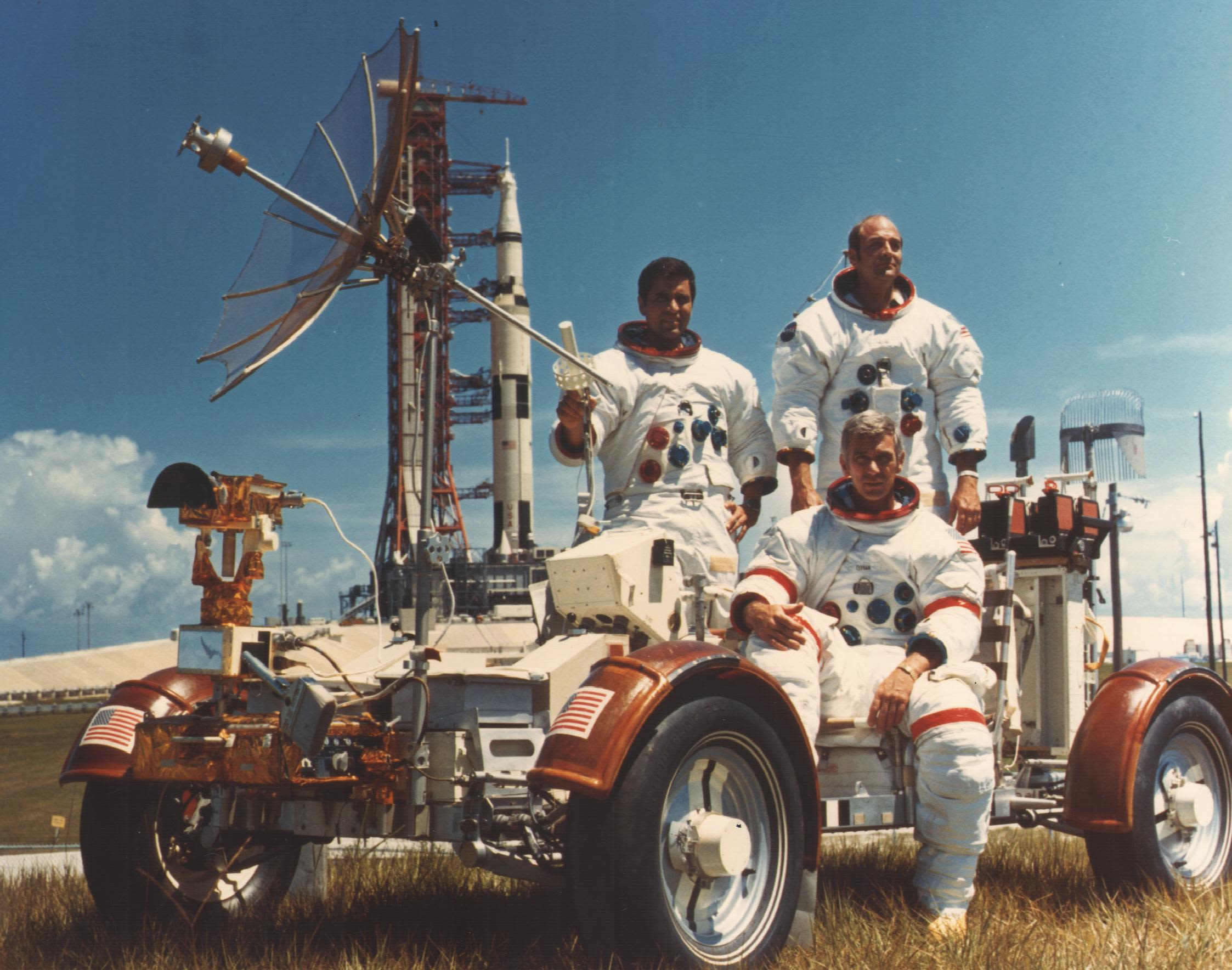 This photograph taken during the Apollo 17 mission (the last mission of the  Apollo Program), depicts stiff plasticized maps being taped together and  fastened by clamps to patch a broken fender of