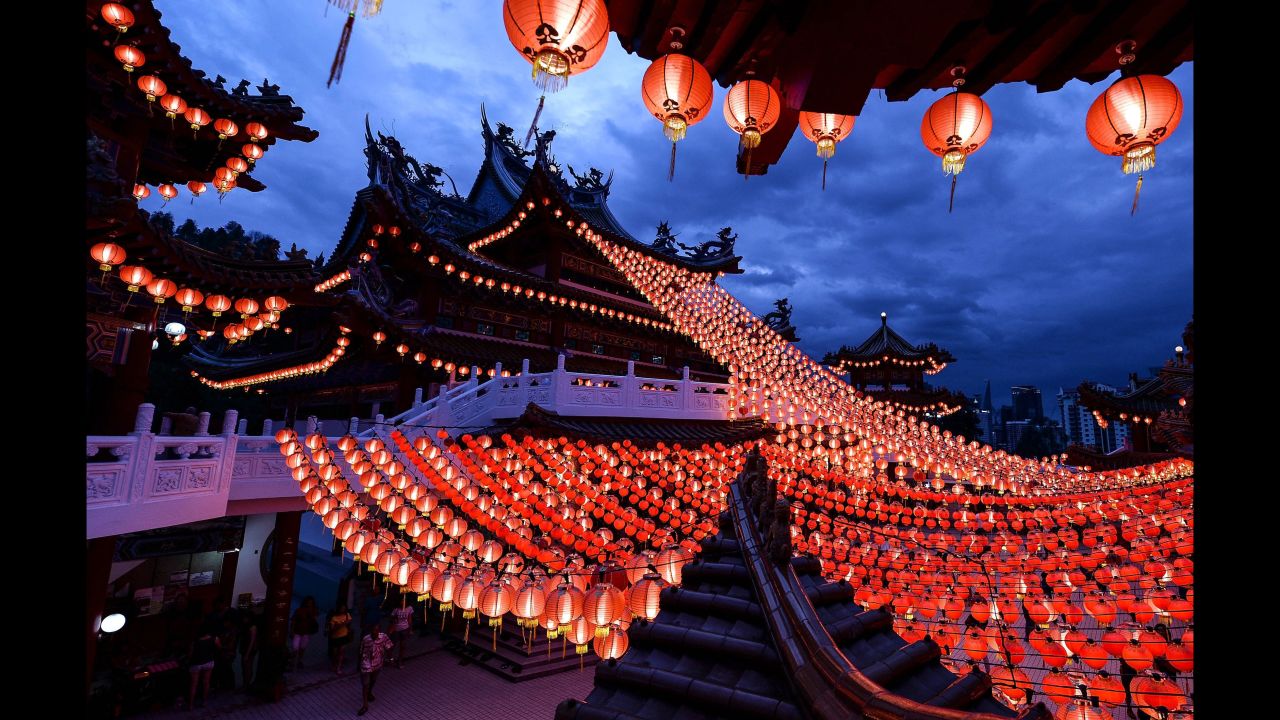 The Thean Hou Temple in Kuala Lumpur is decorated with red lanterns on February 7.