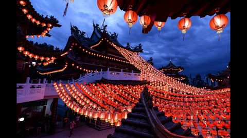 The Thean Hou Temple in Kuala Lumpur is decorated with red lanterns on February 7.
