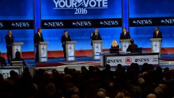 Republican presidential candidates participate in the Republican Presidential Candidates Debate February 6, 2016 at St. Anselm's College Institute of Politics in Manchester, New Hampshire. From left are: John Kasich, Jeb Bush, Marco Rubio, Donald Trump, Ted Cruz, Ben Carson, and Chris Christie.