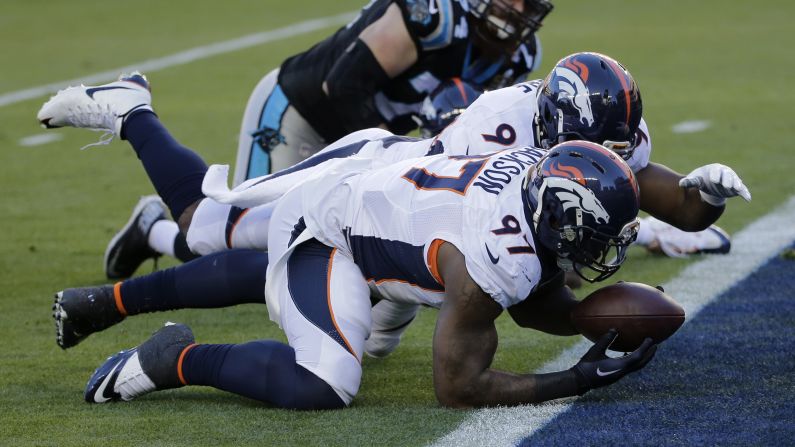 Denver's Malik Jackson recovers a Newton fumble in the end zone, scoring a touchdown that helped give the Broncos a 10-0 lead in the first quarter.