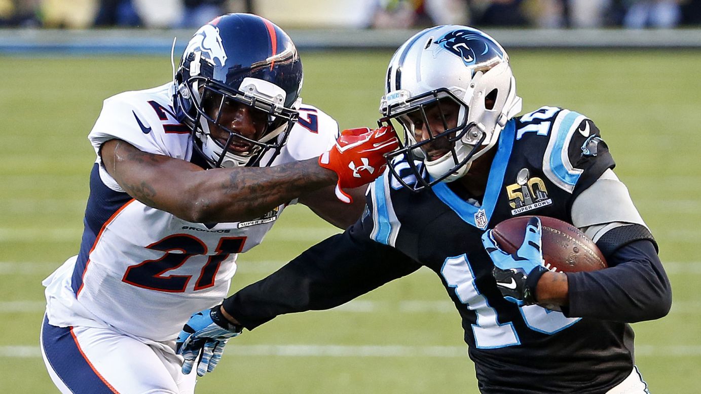 Denver's Aqib Talib grabs Brown's face mask while tackling him in the second quarter. A penalty was called on Talib, and Jonathan Stewart scored one play later.