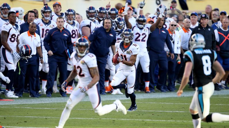 Jordan Norwood returns the ball 61 yards in the second quarter. It is the longest punt return in Super Bowl history.