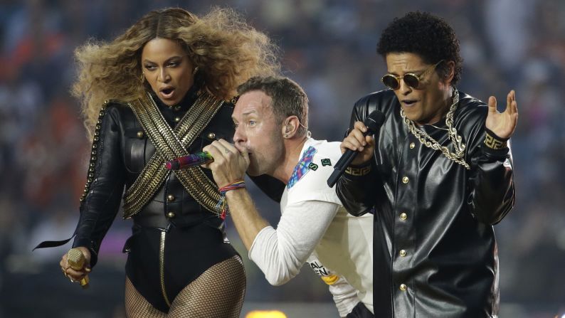 Beyonce, Chris Martin and Bruno Mars perform during <a href="index.php?page=&url=http%3A%2F%2Fwww.cnn.com%2F2016%2F02%2F07%2Fentertainment%2Fgallery%2Fsuper-bowl-halftime-2016%2Findex.html" target="_blank">the halftime show.</a>