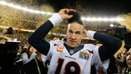 Denver Broncos quarterback Peyton Manning celebrates after winning Super Bowl 50 against the Carolina Panthers on Sunday, February 7. The Broncos won 24-10. (Ben Liebenberg via AP)
