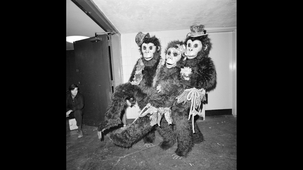 Three clowns wear monkey suits at a circus in New York City in April 1977.