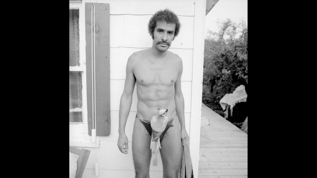 A man wears "parrot pants" in Cherry Grove, New York, in August 1977.