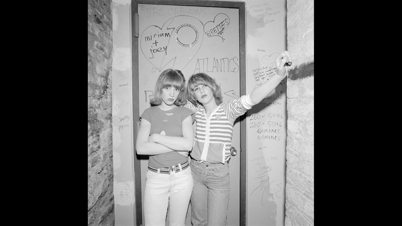 Two band members are photographed at CBGB, a famous New York City club, in March 1977.
