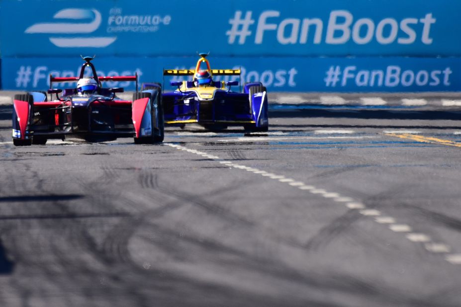 Bird in his DS Virgin Racing car (left) and Sebastien Buemi of Renault e.dams fought an incredible battle in the closing laps of the race. The Swiss, who started from last place at the Puerto Madero Street circuit, couldn't find a way past and had to settle for second place.  