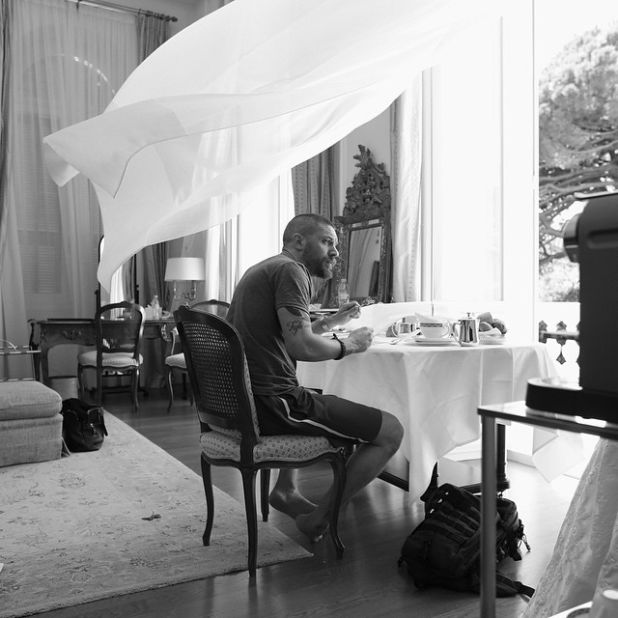 Williams photographs<a href="https://www.instagram.com/p/2tCZvMm5C7/" target="_blank" target="_blank"> Tom Hardy</a> having breakfast in his suite at the Hotel Du Cap the afternoon after the <em>Mad Max</em> premiere. 